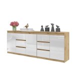 Commode mikel - 6 tiroirs et 3 portes - h75 cm x l200 cm x p35 cm (ch�ne wotan / blanc brillant)