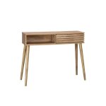 Console scandinave d�cor bois avec 1 porte coulissante rainur�e 2 niches de rangement