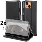 Coque pour iphone 14 plus - massilia tech - souple - noir - portefeuille - 2 vitres en verre tremp�