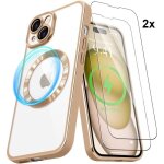 Coque pour iphone 15 plus - 2x vitre verre trempé compatible magsafe effet chromé or Coque pour iphone 15 plus - 2x vitre verre trempé compatible magsafe effet chromé or