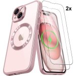 Coque pour iphone 15 plus - 2x vitre verre trempé compatible magsafe effet chromé rose Coque pour iphone 15 plus - 2x vitre verre trempé compatible magsafe effet chromé rose