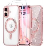 Coque pour iphone 16 - massilia tech - transparent chrom� - 2 vitres tremp�es - strass - brillant rose ...