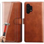 Coque pour samsung galaxy a13 5g + 2 verres tremp�s antichoc int�gral portefeuille synth�cuir marron