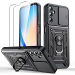 Coque - samsung - galaxy a14 4g / 5g - antichocs - support rotatif - 2 vitres en verre tremp� bleu