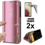 Coque pour samsung galaxy a34 5g + 2 verres tremps etui  rabat chrom miroir cover view rose