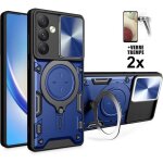 Coque pour samsung galaxy a54 - antichocs - 2 vitres verre tremp� - bleu - support rotatif