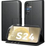 Coque pour samsung galaxy s24 et 2 vitres verre tremp� coque � rabat simili cuir porte cartes noir