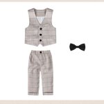 Costume 3 pi�ces b�b� enfant gar�ons carreau v�tement smokings soir�e c�r�monie mariage - kaki
