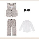 Costume 4 pièces bébé enfant garçons carreau vêtement smokings soirée cérémonie mariage - kaki Costume 4 pièces bébé enfant garçons carreau vêtement smokings soirée cérémonie mariage - kaki