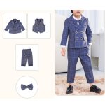 Costume enfant b�b� gar�on carreau 4 pi�ces smoking pour mariage c�r�monie soir�e - bleu