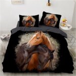 Parure de lit - mouton maison deco - couple de cheval - marron noir - microfibre - 220x240 cm