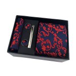 Cravate homme imprime rouge coffret cadeau 4 pcs business avec mouchoirs de poche