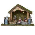 Cr�che de no�l lumineuse - ose - 8 santons - c�ramique et bois - 32x20x13 cm