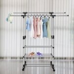 Crevette portant � v�tements en m�tal chrom� et noir penderie double sur 4 roulettes avec 2 barres hauteur ...