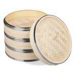 Relaxdays cuiseur vapeur bambou 3 niveaux anneaux en mtal panier asiatique riz dimsum lgumes  24 cm ...