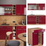 Cuisine r - line 160 cm sans plan de travail bordeaux brillant / ch�ne dor� vicco