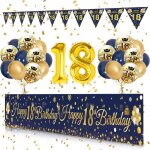 Dcoration anniversaire 18 ans marine bleu or - partypie - ballons banderole joyeux anniversaire