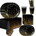 Deco anniversaire vaisselle kit noire or 121pcs vaisselle de f�te noire or decoration anniversaire noir ...