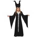 Déguisement marâtre noire fille - 7 à 9 ans - robe longue en polyester avec chapeau à cornes Déguisement marâtre noire fille - 7 à 9 ans - robe longue en polyester avec chapeau à cornes