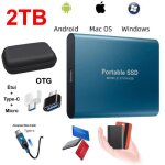 Disque dur externe mini ssd portable 2tb 2to stockage bleu avec otg + tui housse sac de protection