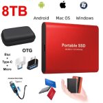 Disque dur externe mini ssd portable 8tb 8to stockage rouge avec otg + tui housse sac de protection