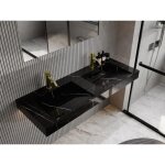 Double vasque suspendue en solid surface effet marbre noir - l120. 2 x l45. 2 x h8 cm - takotna