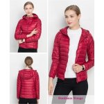Doudoune femme courte  capuche fine lgre light 90% duvet hiver col montant grande - funmoon - bordeaux ...