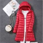 Doudoune longue femme - ecelen - veste slim en duvet de canard blanc - rouge - capuche amovible