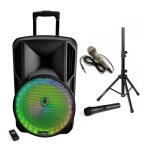 Enceinte portable 700w + batterie + usb sd mp3 + micro sans fil + micro filaire + pied pa dj sono led ...