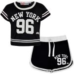 Enfants filles noir brooklyn 76 print crop top et shorts ensemble 5 - 13 ans