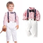Ensemble de 2 pices pour bb garon  rayure manches longues pour mariage vtement costume - rose