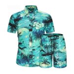 Ensemble 2 pi�ces hawa�enne chemise et short pour homme manches courtes - imprim� floral - vert