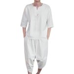 Ensemble de 2 tenues en lin pour homme - blanc - chemise  manches courtes et pantalon pantacourt jambes ...