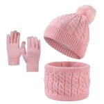 Ensemble bonnet charpe et gants - xh603 - rose - coton tricot pais - mixte - hiver