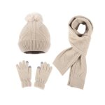 Ensemble bonnet charpe et gants - xh611 - beige - coton tricot pais - hiver - femme