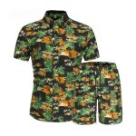 Ensemble chemise hawa�enne et short homme imprim� floral - manches courtes - taille elastique - vert