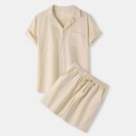 Ensemble chemise lin homme manches courtes et short taille elastique vetement 2 pieces couleur unie respirant ...