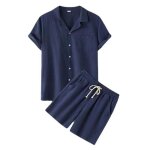 Ensemble chemise lin homme manches courtes et short taille elastique vetement 2 pieces couleur unie respirant ...