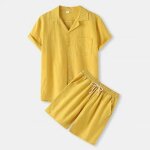 Ensemble chemise lin homme manches courtes et short taille elastique vetement 2 pieces couleur unie respirant ...