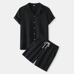 Ensemble chemise lin homme manches courtes et short taille elastique vetement 2 pieces couleur unie respirant ...