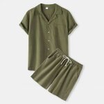Ensemble chemise lin homme manches courtes et short taille elastique vetement 2 pieces couleur unie respirant ...