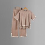 Ensemble deux pièces femme - casual chic - pull maille courte - pantalon large fluide - kaki Ensemble deux pièces femme - casual chic - pull maille courte - pantalon large fluide - kaki