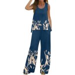 Ensemble en lin femme t - ensemble de vtements - bleu - chic et lgant - pantalon large lche