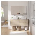 Meuble double vasque 120cm avec plan bois sorrento blanc + vasque + robinet + miroir