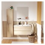 Meuble simple vasque 80cm d�cor ch�ne sorrento + robinet chrom� + miroir + colonne