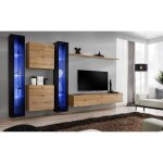 Ensemble meuble salon mural switch xvi - price factory - chêne wotan et noir brillant - 1 porte - led ... Ensemble meuble salon mural switch xvi - price factory - chêne wotan et noir brillant - 1 porte - led ...