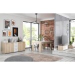 Ensemble meuble tv buffet 179cm & table fixe 160cm - pilvi - chêne sonoma / blanc mat - 5 portes - 3 ... Ensemble meuble tv buffet 179cm & table fixe 160cm - pilvi - chêne sonoma / blanc mat - 5 portes - 3 ...