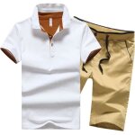 Ensemble polo homme manche courte coton et short de sport taille Élastique couleur unie - blanc / kaki ... Ensemble polo homme manche courte coton et short de sport taille Élastique couleur unie - blanc / kaki ...
