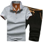 Ensemble polo homme manche courte coton et short de sport taille �lastique couleur unie - gris / noir ...