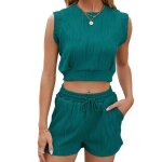 Ensemble t - shirt femme sans manches et short taille elastique vetement ete 2 pieces couleur unie confortable ...
